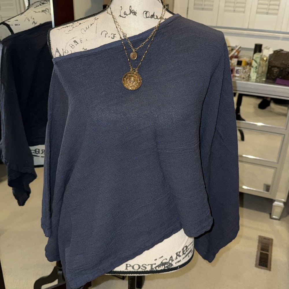 Navy Tina Stephen’s Linen Cotton cropped Kimono kaftan flowy top